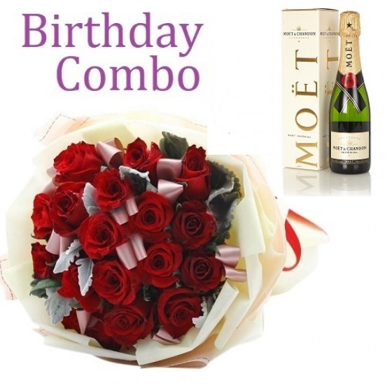 Birthday Package - Rose Bouquet + Moet Chandon Champagne.