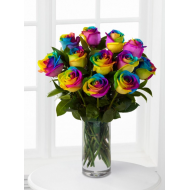 One Dozen Rainbow Roses in Vase