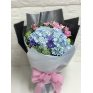 Blue Hygrangea with One Dozen Maria Pink Rose Bouquet